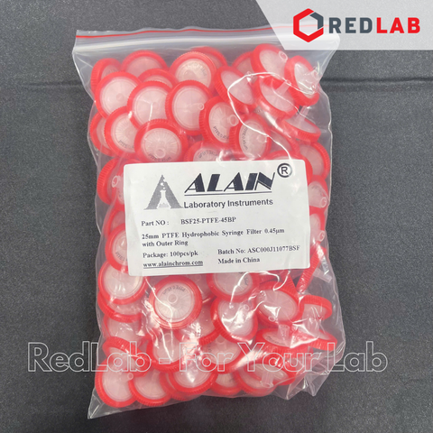 [Gói 100 cái] Đầu lọc PTFE kị nước hydrophobic Syringe filter ALAIN 13mm / 25mm, lỗ lọc 0.22um / 0 45um, HPLC, có VAT