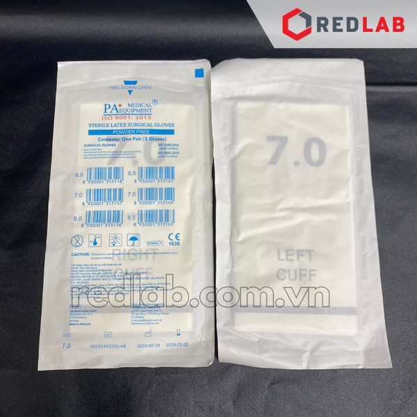 [Hộp 50 đôi] Găng tay cao su latex tiệt trùng có bột PA Gloves (Malaysia) size 6.5 7.0 7.5 8.0  dùng trong thí nghiệm, có VAT