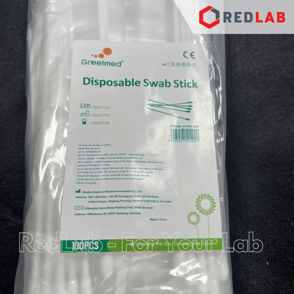 Que gòn lấy mẫu xét nghiệm GREETMED 15cm cán nhựa, tiệt trùng mỗi 5 cái (gói 100 cái) cotton applicator, có VAT