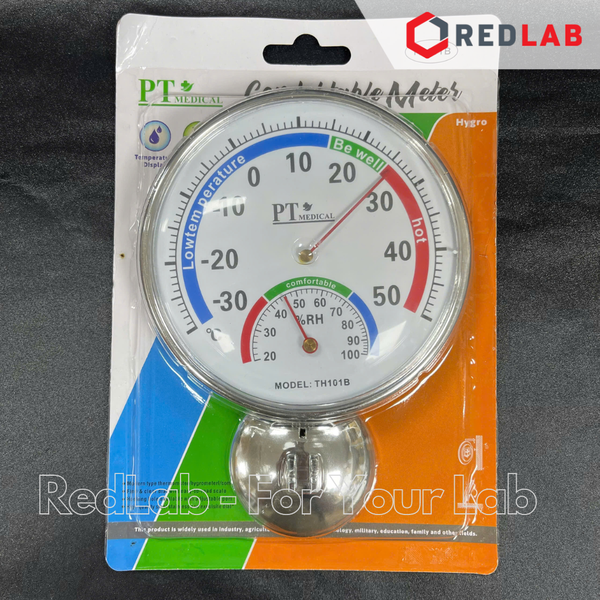 Nhiệt ẩm kế cơ học treo tường PT Medical Ø 7.5 13 cm, vành nhựa, đo từ -30 to +50°C, 20 to 100% RH, có VAT