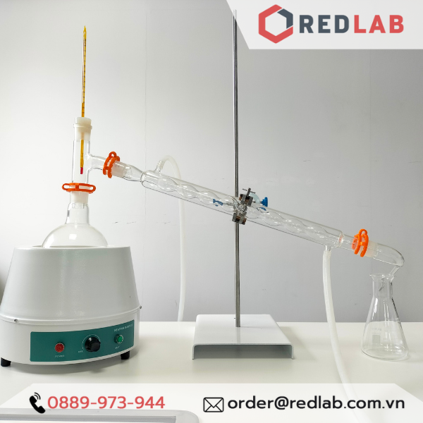 Trọn bộ chưng cất cồn: Bếp đun, bình cầu, chạc 3 nhánh, ống sinh hàn, co sừng bò, bình tam giác, nhiệt kế, ống silicon, có VAT