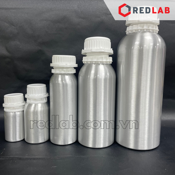 Chai nhôm 50 100 250 500 1000 ml, 99.7% nhôm, nắp khóa nhựa trắng, nắp đệm hạn chế bay hơi, có VAT