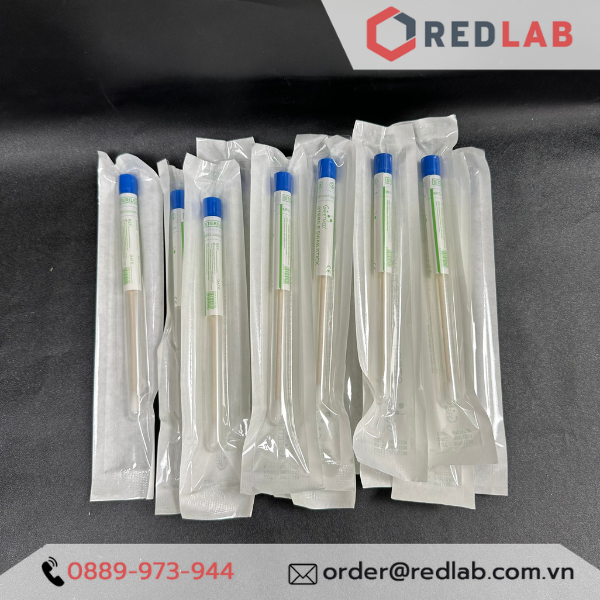 Que gòn lấy mẫu thí nghiệm GREETMED 16cm cán gỗ, tiệt trùng từng ống nhựa, đóng vỉ giấy, disposable swab test, có VAT