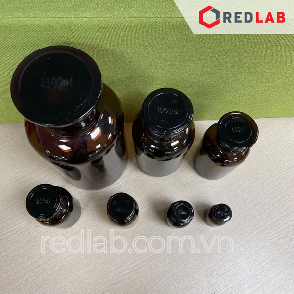 Chai nâu nút mài 30 60 125 250 500 1000 2500 ml 5L 10L miệng rộng MR / miệng hẹp MH, chai thuỷ tinh nâu nắp mài nhám dùng đựng mẫu thí nghiệm, có VAT