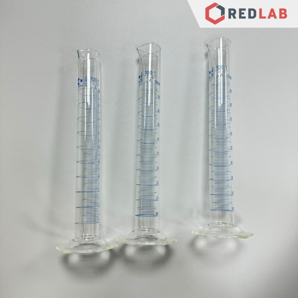 Ống đong thủy tinh DURAN Class A 10 25 50 100 250 500 1000 2000 ml, đế lục giác, vạch xanh, Measuring Cylinder, có VAT
