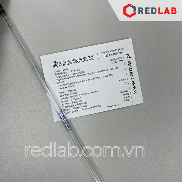 Pipet bầu 2 vạch NORMAX Bồ Đào Nha 0.5 1 2 3 4 5 6 7 8 9 10 11 15 20 25 30 40 50 100 150 ml, có VAT