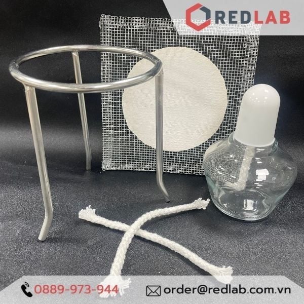 Bộ đun thí nghiệm, gồm kiềng 3 chân inox, lưới nung amiăng, đèn cồn, tim đèn dự phòng