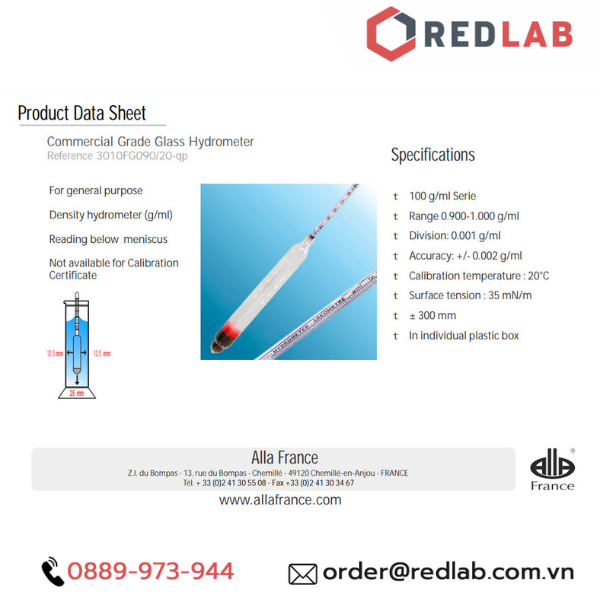 Tỷ trọng kế 0.900-1.000 : 0.001 g/ml Tp 20°C ALLA 3010FG090/20-QP hydrometer, có VAT