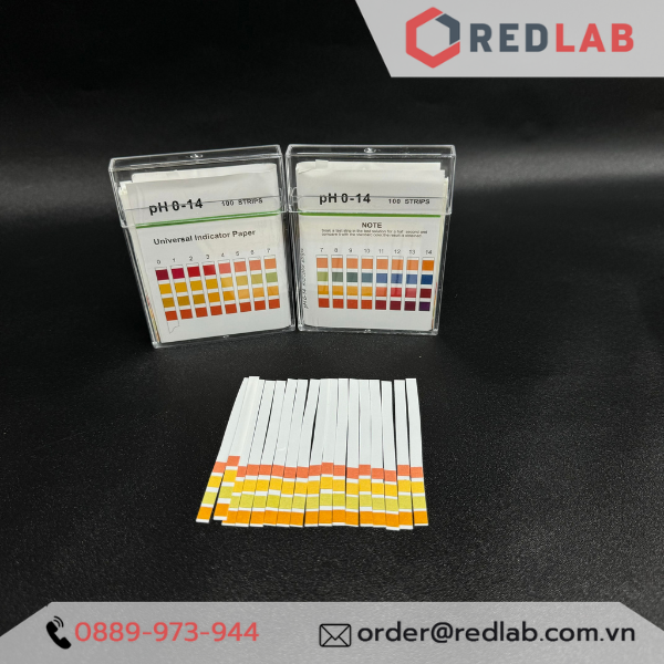 Que thử pH 0 - 14 indicator strips, chính xác cao với bảng 4 màu chuẩn cho từng độ pH, hộp 100 que test, có VAT