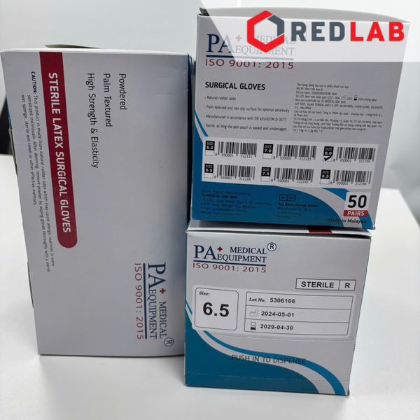 [Hộp 50 đôi] Găng tay cao su latex tiệt trùng có bột PA Gloves (Malaysia) size 6.5 7.0 7.5 8.0  dùng trong thí nghiệm, có VAT