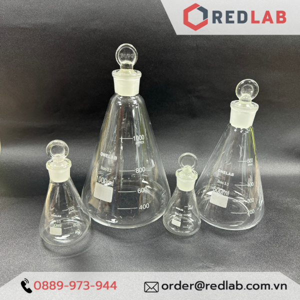 Bình tam giác có nút ONELAB 50 100 250 500 1000ml, erlen cổ nhám, nắp mài thuỷ tinh, đựng mẫu thí nghiệm, có VAT