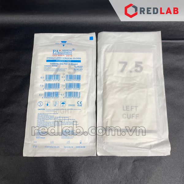 [Hộp 50 đôi] Găng tay cao su latex tiệt trùng có bột PA Gloves (Malaysia) size 6.5 7.0 7.5 8.0  dùng trong thí nghiệm, có VAT