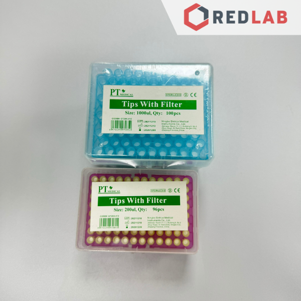 Hộp microtips (đầu típ) micropipet có Lọc 200µl 1000µl tiệt trùng EO, hãng PT Medical, gồm giá đựng, có VAT
