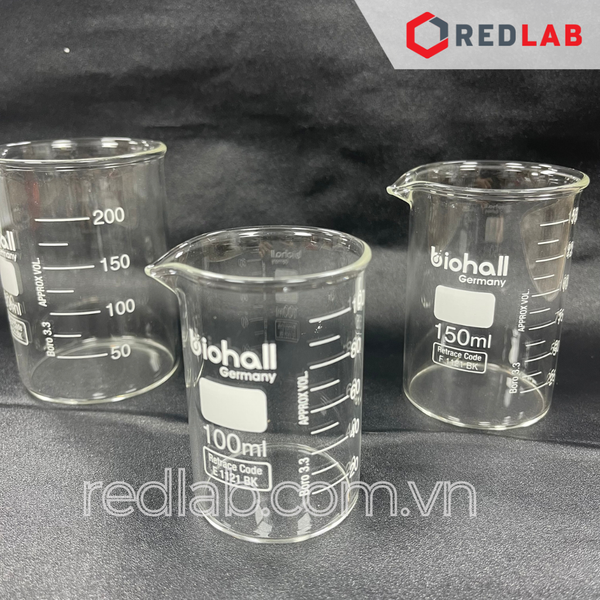 Cốc đốt thuỷ tinh Thấp thành BIOHALL 5 10 25 50 100 150 200 250 400 500 600 800 1000 ml 2L 3L 5L 10L, beaker có mỏ chịu nhiệt, có VAT