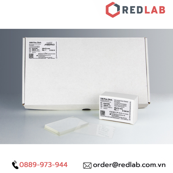 Lam kính trơn / nhám 76x26mm MARIENFELD Đức microscope slide 1000000 1000200 (hộp 50 cái) có VAT