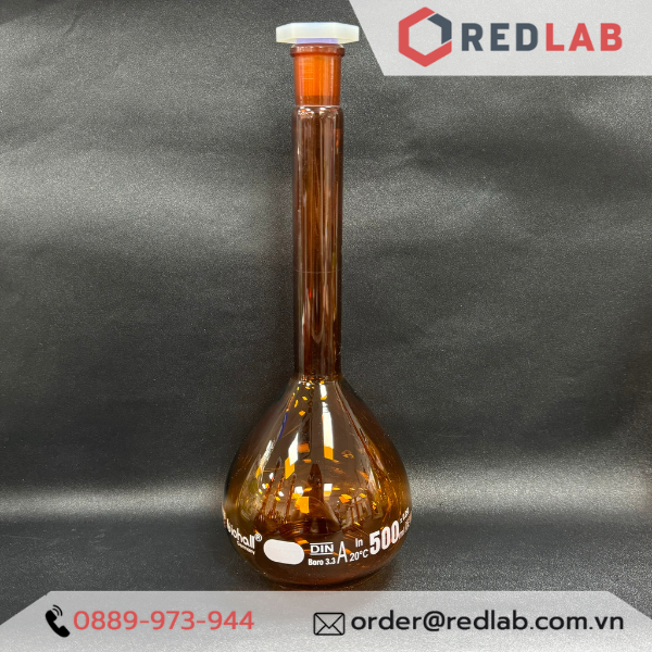 Bình định mức Nâu BIOHALL 1 2 5 10 20 25 50 100 200 250 500 ml 1L 2L 5L 10L, class A, nút nhựa, vạch sơn trắng, có VAT