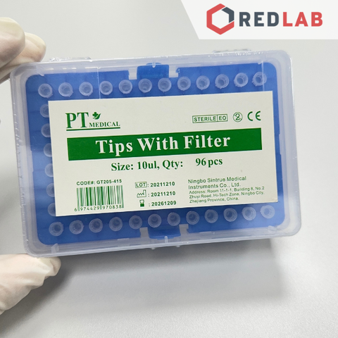 Hộp microtips (đầu típ col) cho micropipet 10µl hãng PT, gồm giá đựng (tiệt trùng hộp 96 cái), có VAT - REDLAB