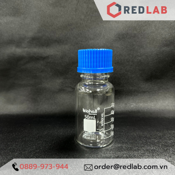 Chai trung tính trắng BIOHALL  25ml đến 20L - nắp vặn PP xanh GL25 GL32 GL45, thuỷ tinh boro 3.3 vạch trắng, có VAT
