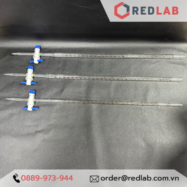 Buret trắng Eco khoá nhựa PTFE ONELAB10 25 50ml, burette thủy tinh chia vạch cho thí nghiệm chuẩn độ, có VAT