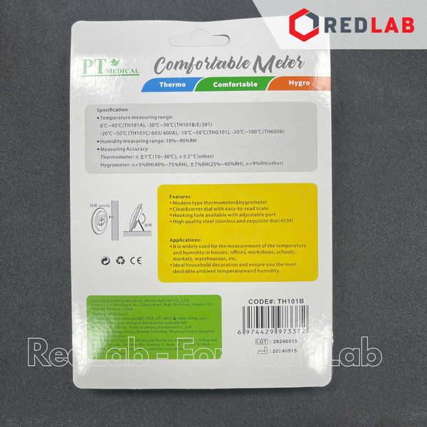 Nhiệt ẩm kế cơ học treo tường PT Medical Ø 7.5 13 cm, vành nhựa, đo từ -30 to +50°C, 20 to 100% RH, có VAT