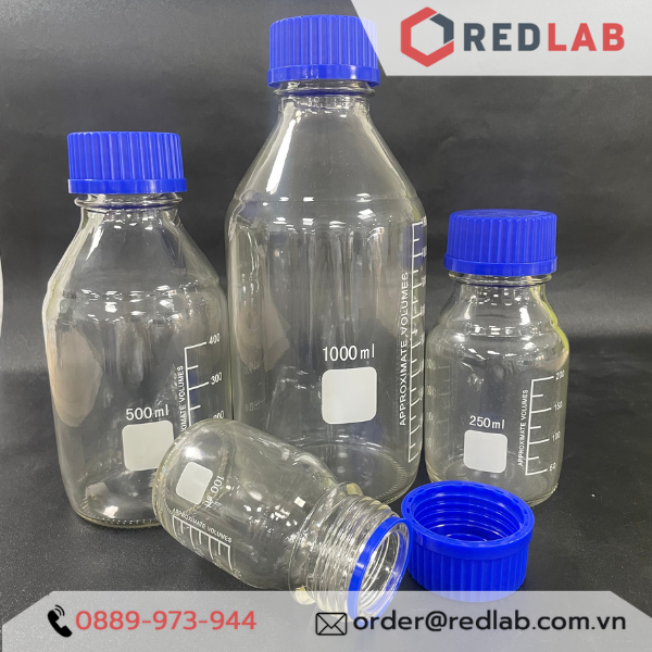 Chai trắng nắp vặn xanh ONELAB 25 50 100 250 500 1000 ml – GL45, chai thuỷ tinh soda-lime, đựng mẫu thí nghiệm, có VAT