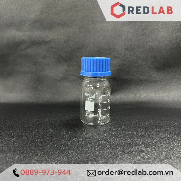 Chai trung tính trắng BIOHALL  25ml đến 20L - nắp vặn PP xanh GL25 GL32 GL45, thuỷ tinh boro 3.3 vạch trắng, có VAT