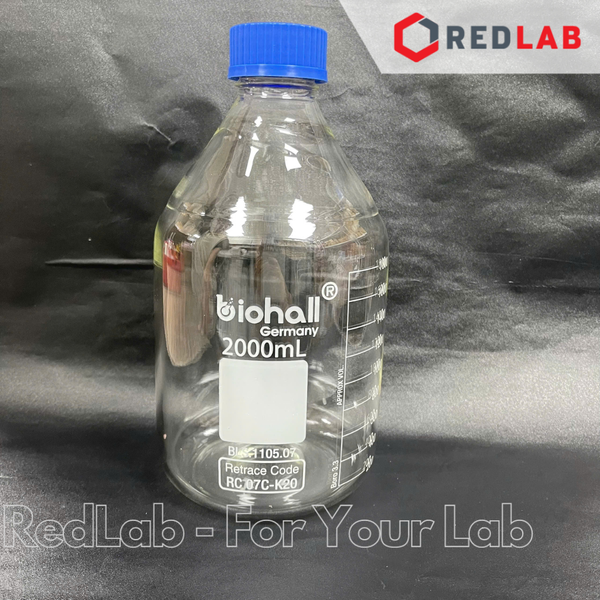 Chai trung tính trắng BIOHALL  25ml đến 20L - nắp vặn PP xanh GL25 GL32 GL45, thuỷ tinh boro 3.3 vạch trắng, có VAT