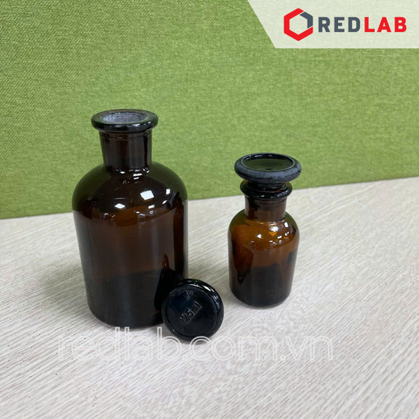 Chai nâu nút mài 30 60 125 250 500 1000 2500 ml 5L 10L miệng rộng MR / miệng hẹp MH, chai thuỷ tinh nâu nắp mài nhám dùng đựng mẫu thí nghiệm, có VAT