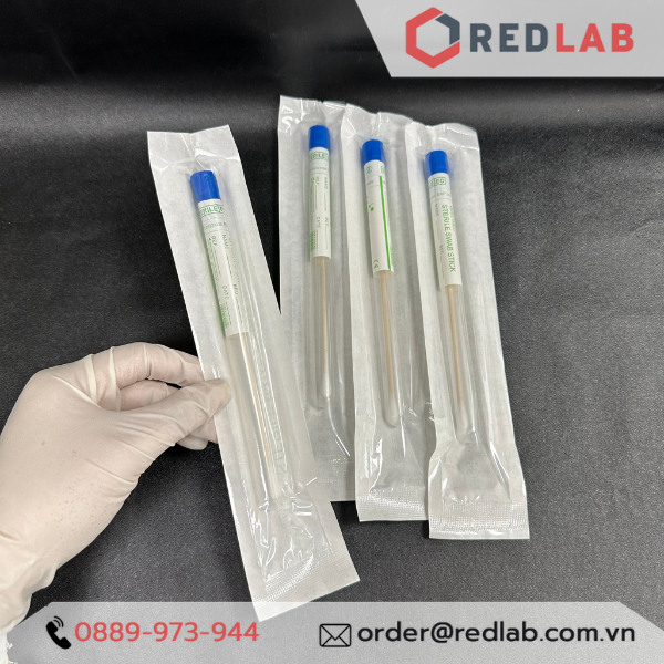Que gòn lấy mẫu thí nghiệm GREETMED 16cm cán gỗ, tiệt trùng từng ống nhựa, đóng vỉ giấy, disposable swab test, có VAT