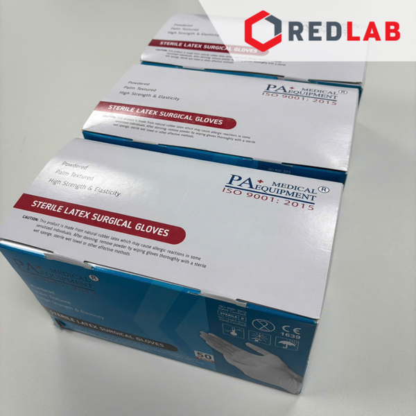 [Hộp 50 đôi] Găng tay cao su latex tiệt trùng có bột PA Gloves (Malaysia) size 6.5 7.0 7.5 8.0  dùng trong thí nghiệm, có VAT