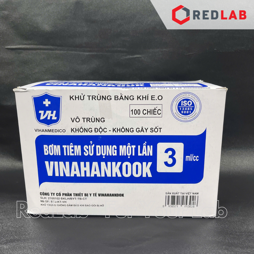 Bơm tiêm xi lanh 3ml/cc kim tiêm 25G x 1′ Vinahankook, hộp 100 cái tiệt trùng EO, có VAT