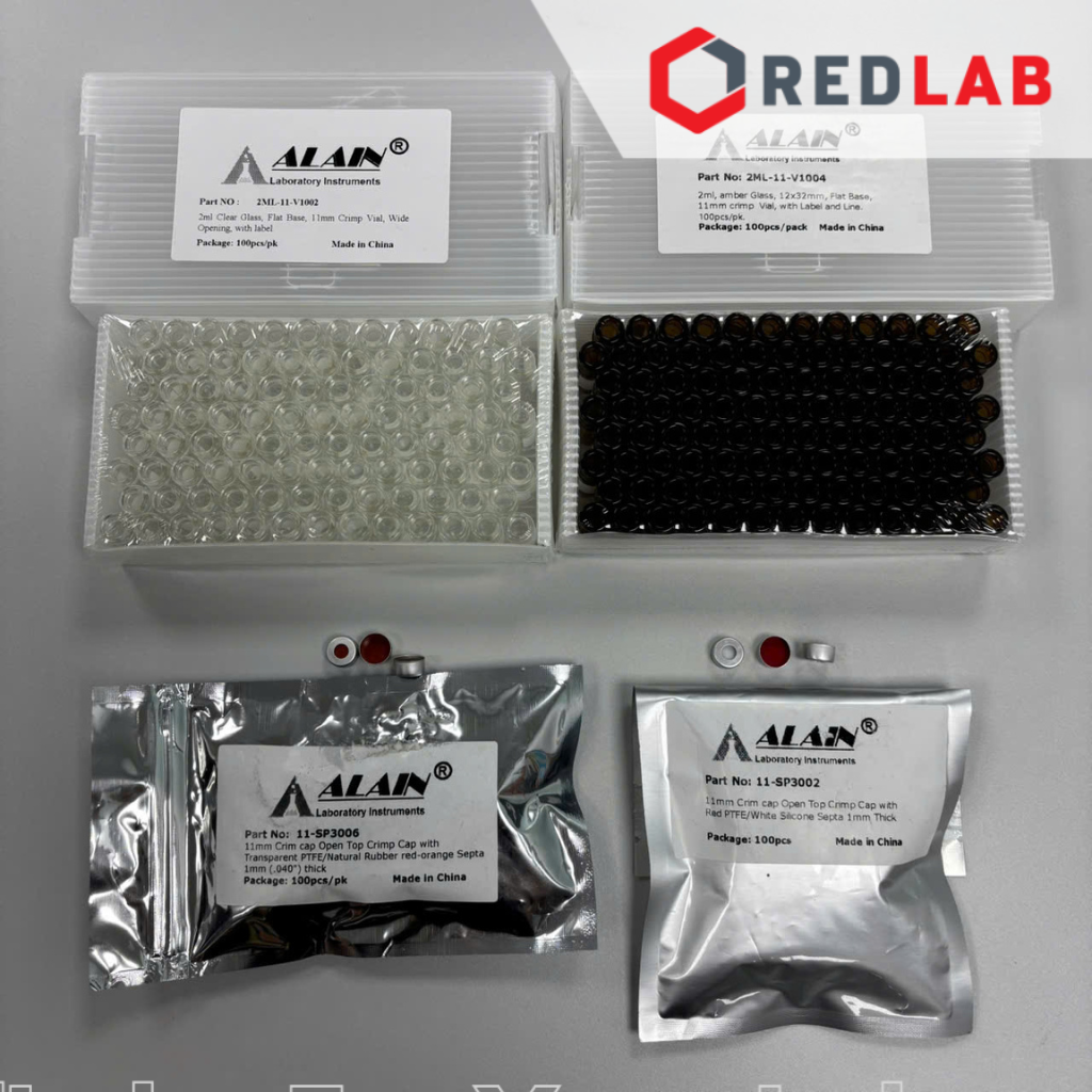 Chai vial 2ml trắng / nâu miệng 11mm hãng ALAIN dùng nắp bấm nhôm, trong sắc ký HPLC, mua chai và nắp riêng, có VAT