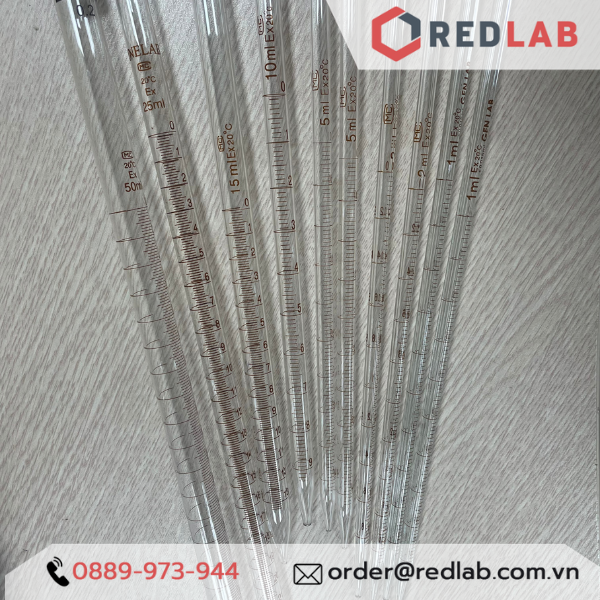 Combo pipet chia vạch loại dài ONELAB kèm quả bóp silicon / cao su 1 van, 0.1 0.2 0.5 1 2 5 10 15 20 25 50 ml, có VAT