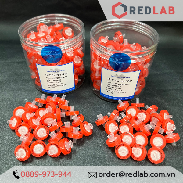 Đầu lọc sắc ký PTFE kị nước MEMBRANE SOLUTIONS 13mm lỗ lọc 0.22um / 0.45um, hydrophobic syringe filter, có VAT