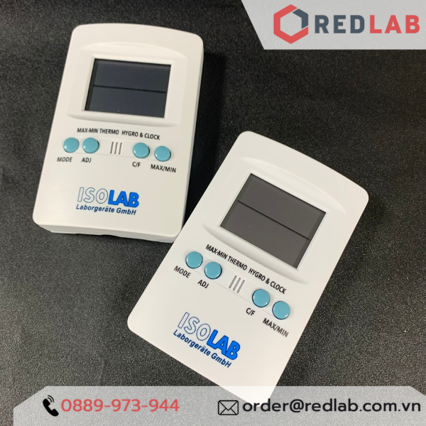 Nhiệt ẩm kế điện tử ISOLAB 060.03.001 đo từ - 50°C đến +70°C, 10% RH đến 99% RH, có VAT