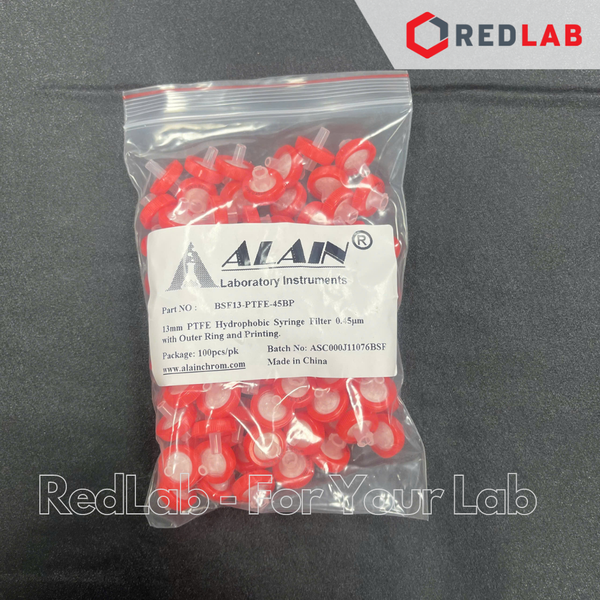 [Gói 100 cái] Đầu lọc PTFE kị nước hydrophobic Syringe filter ALAIN 13mm / 25mm, lỗ lọc 0.22um / 0 45um, HPLC, có VAT