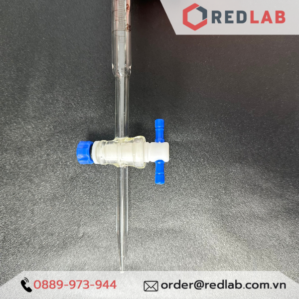 Buret trắng Eco khoá nhựa PTFE ONELAB10 25 50ml, burette thủy tinh chia vạch cho thí nghiệm chuẩn độ, có VAT