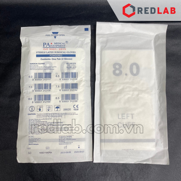 [Hộp 50 đôi] Găng tay cao su latex tiệt trùng có bột PA Gloves (Malaysia) size 6.5 7.0 7.5 8.0  dùng trong thí nghiệm, có VAT