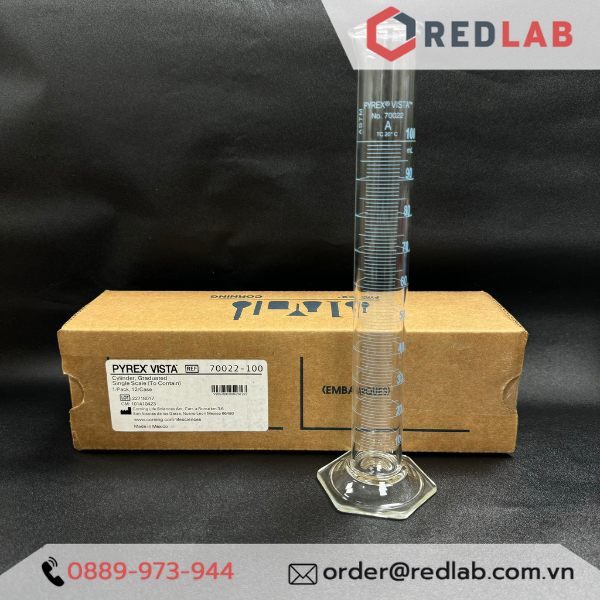 Ống đong thuỷ tinh PYREX Class A 10 25 50 100 250 ml, đế lục giác chia vạch xanh, thuỷ tinh Borosilicate, có VAT