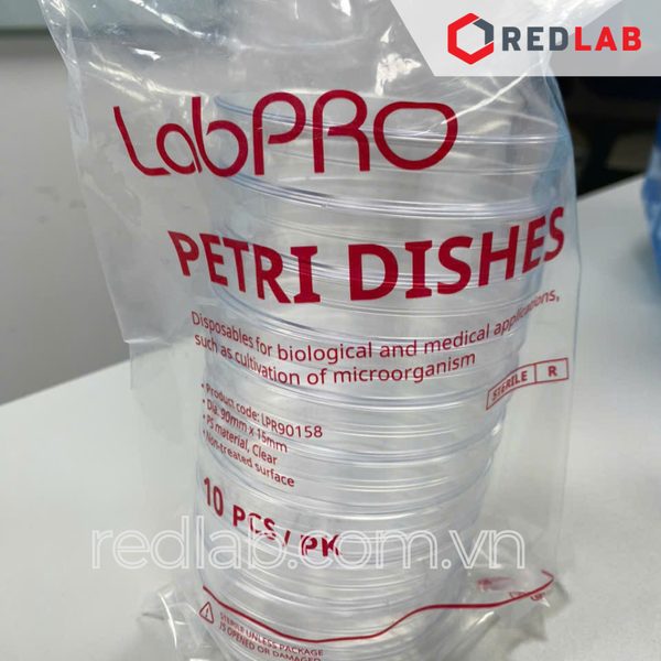 [Gói 10 cái Tiệt trùng] Đĩa Petri nhựa 90x15mm LPR90136 hãng LabPRO Thụy Sỹ, nặng 13g, chiếu xạ chuẩn ISO 11137, có VAT