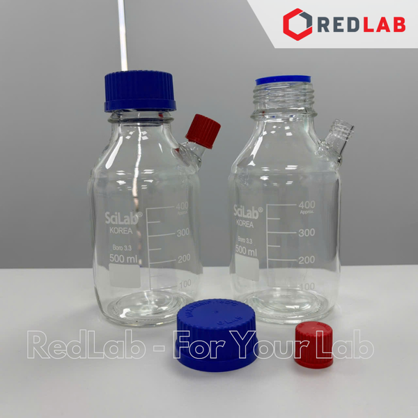 Chai trung tính thủy tinh 2 cổ SCILAB 500 1000 2000 ml nắp vặn GL45 & GL18, thuỷ tinh boro 3.3, có VAT