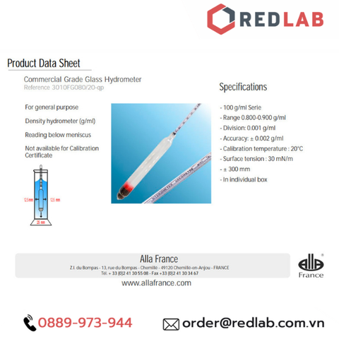 Tỷ trọng kế 0.800-0.900 : 0.001 g/ml Tp 20°C hãng Alla - Pháp, Hydrometer code 3010FG080/20-qp - Redlab