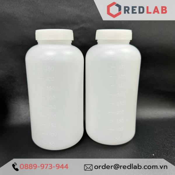 Chai nhựa PP trắng Việt Nam 500ml chia vạch nổi trắng, miệng rộng có nắp vặn và nắp đệm, có VAT