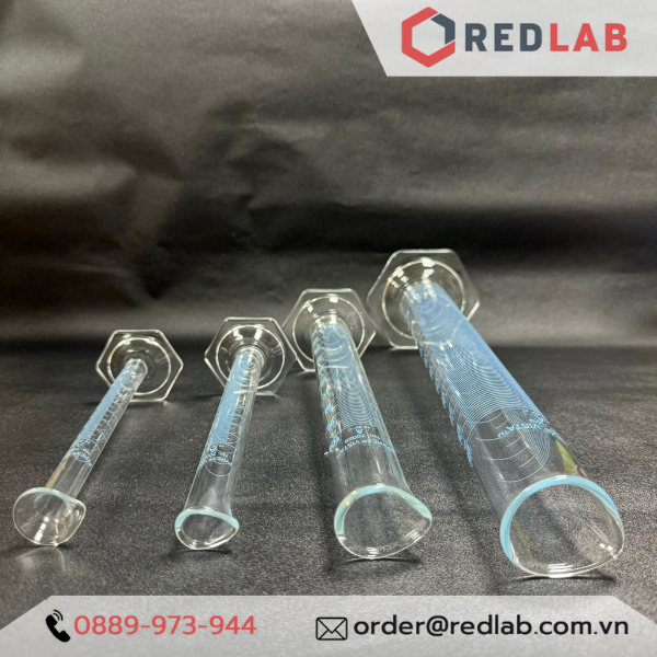 Ống đong thuỷ tinh PYREX Class A 10 25 50 100 250 ml, đế lục giác chia vạch xanh, thuỷ tinh Borosilicate, có VAT