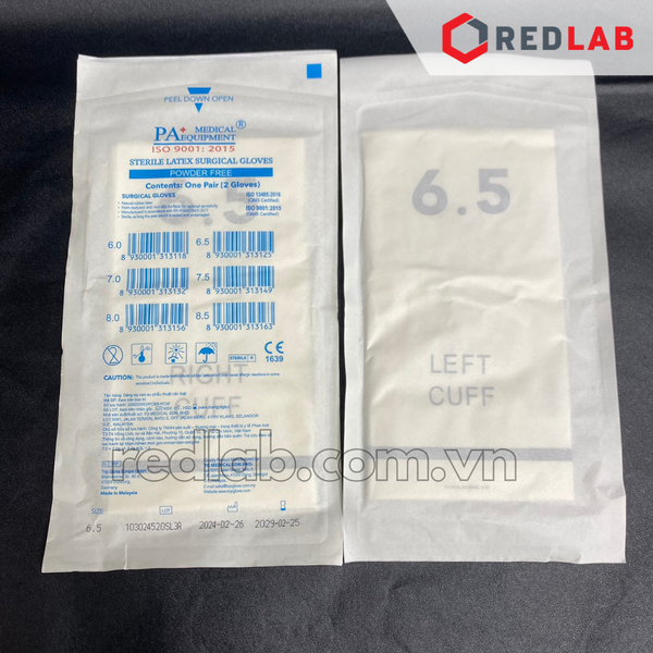 [Hộp 50 đôi] Găng tay cao su latex tiệt trùng có bột PA Gloves (Malaysia) size 6.5 7.0 7.5 8.0  dùng trong thí nghiệm, có VAT
