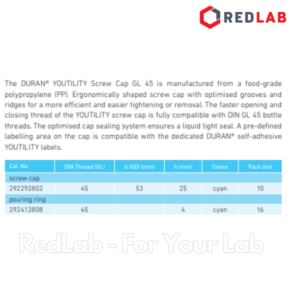 Phụ kiện cho Chai trung tính DURAN Youtility và Original: nắp vặn GL45, vòng đệm, vòng cổ silicon nhiều màu, có VAT