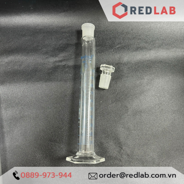 Ống đong thuỷ tinh có nút (cổ nhám) BIOHALL 10 25 50 100 250 500 1000 2000 ml, Class A, đế lục giác, chia vạch xanh, có VAT