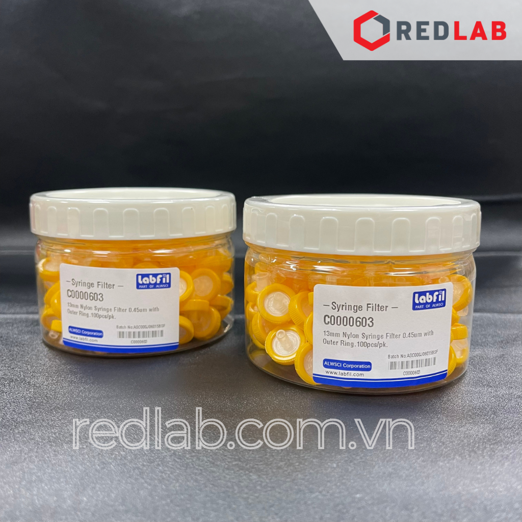 [Hộp 100 cái] Đầu lọc Nylon Syringe filter Labfill ALWSCI 13mm / 25mm, lỗ lọc 0.22um / 0 45um, dùng cho sắc ký HPLC, có VAT