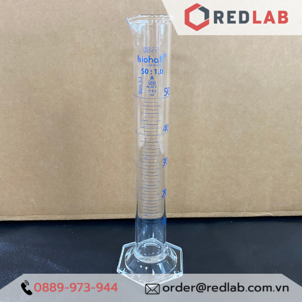 Ống đong thuỷ tinh BIOHALL 5 10 25 50 100 250 500 ML 1L 2L, Class A, đế lục giác, chia vạch xanh, có VAT