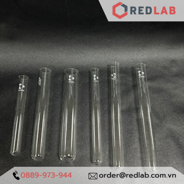 Ống nghiệm không vành (in logo) DURAN 12x100 16x130 16x160 18x180 20x150 20x180 25x150 mm, thủy tinh soda-lime, có VAT